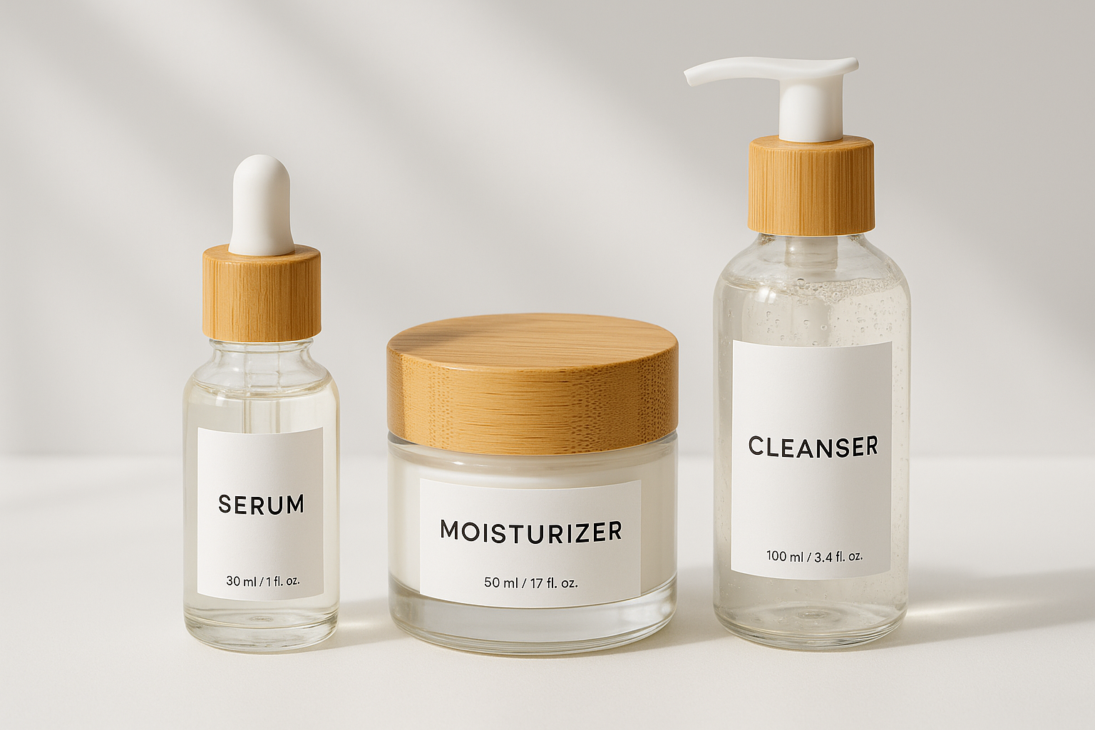Full set (Cleanser Gel 100ml, Moisturizer 50ml and Serum 30ml) displayed on a clean surface.